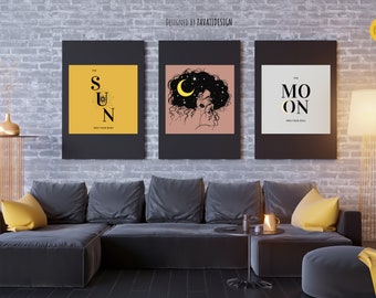 Impressões de arte de parede de sol e lua: decoração minimalista para casa (download digital)