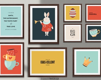 Gravuras de arte para quarto de bebê com coelhos: conjunto de 9 decorações de primavera (download digital)