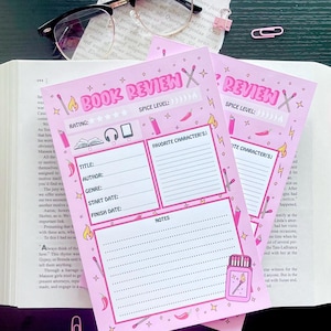 May include: Two pink printable book review sheets with a chili pepper spice level rating, a star rating, and space for notes, favorite characters, title, author, genre, and start and finish dates.