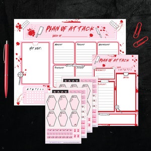 May include: A set of printable planner pages with a bloody theme. The pages include a weekly planner, a to-do list, a habit tracker, and a notes section. The pages are decorated with blood splatters, knives, and other spooky elements.