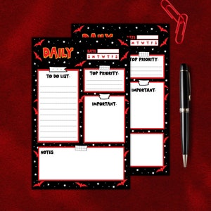Gothic Tear Away Notepad| Red Bats Daily Note Pad| Halloween Memo Pad| Spooky Goth Stationery