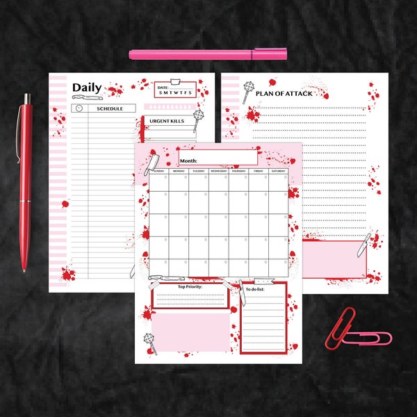 Blood Splatter Monthly Planner Instant Download| Printable Daily Planner Pages| Pastel Goth Planner PDF Files