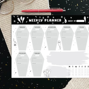 May include: A black and white weekly planner with a spooky Halloween theme. The planner features a ghost and coffin design. The days of the week are listed at the top of the planner, and there is a section for each day to write in tasks and appointments. There is also a section for notes and a monthly calendar.
