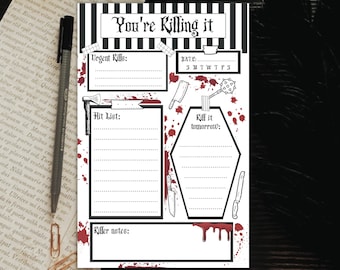 Daily Kill List Notepad| Killer Note Pad| Gothic Note Pad| True Crime Memo Pad| Blood Splatter Planner