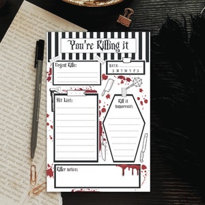 Daily Kill List Notepad| Killer Note Pad| Gothic Note Pad| True Crime Memo Pad| Blood Splatter Planner