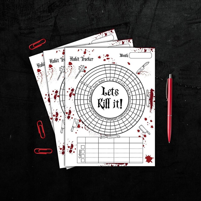 Gothic Printable Habit Tracker| Blood Splatter Goal Tracker File| Killing It Personal Growth Tracker image 1