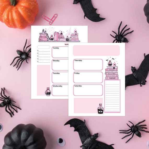 Spooky Bookish Weekly Printable Planner| Pink Halloween Planner Pages| Pastel Goth Planner Instant Download