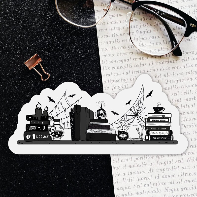 May include: A black and white illustration of a shelf with a stack of books, a skull, candles, and potion bottles. The books have titles like "Tales of Horror", "Ghost Stories", and "Murder Mystery". The shelf is decorated with spiderwebs and bats.
