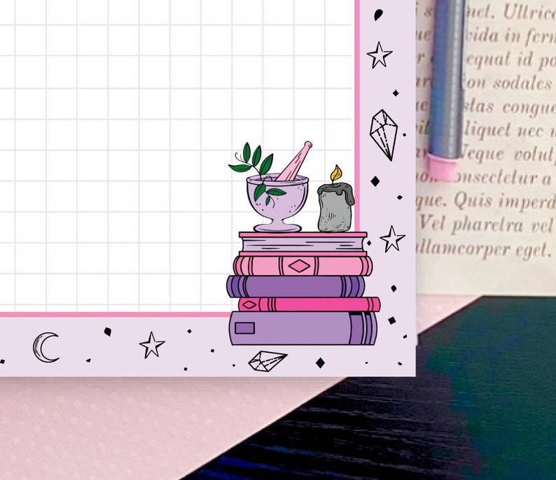 May include: A stack of purple and pink books with a mortar and pestle, a candle, and a sprig of green leaves on top. The background is a light purple grid with pink stars and diamonds.