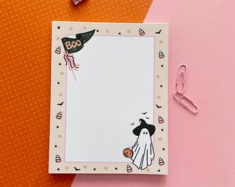 Halloween Note Pad with Retro Ghosts, Black Bats and Candy Corn