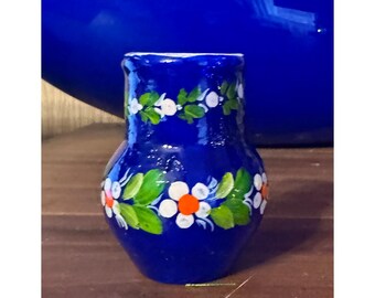 Small Hand Painted Blue  Vase with Ukrainian Petrykivka Painting Folk Art Mother's Day Gift Authentic Handmade Miniature ornament.