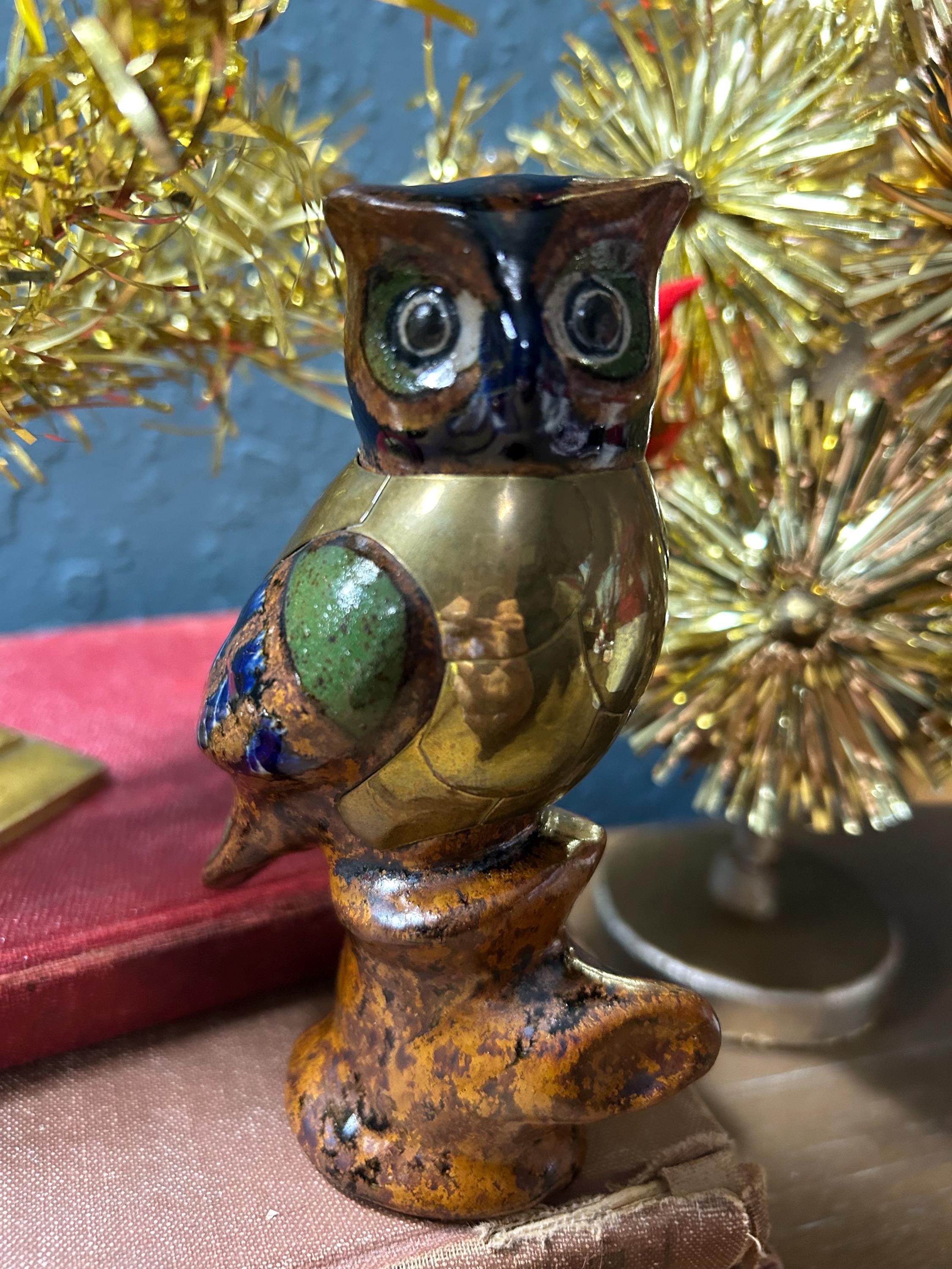 Beautiful Tonala Pottery Owl With Brass Vintage Mexican Ceramic Brass Owl Figurine Hand-Painted Folk
