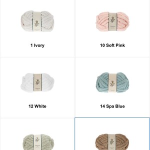 May include: Image of various colors of chunky yarn. The colors include ivory, soft pink, white, spa blue, sage, and taupe. Each skein has a label with the text "Yarn Bee". The text "Select a color" is at the top.