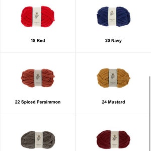 May include: A selection of colorful yarn skeins, each labeled with a color name and number. Colors include red, navy, spiced persimmon, mustard, medium gray, and cranberry. The text "Select a color" is at the top.