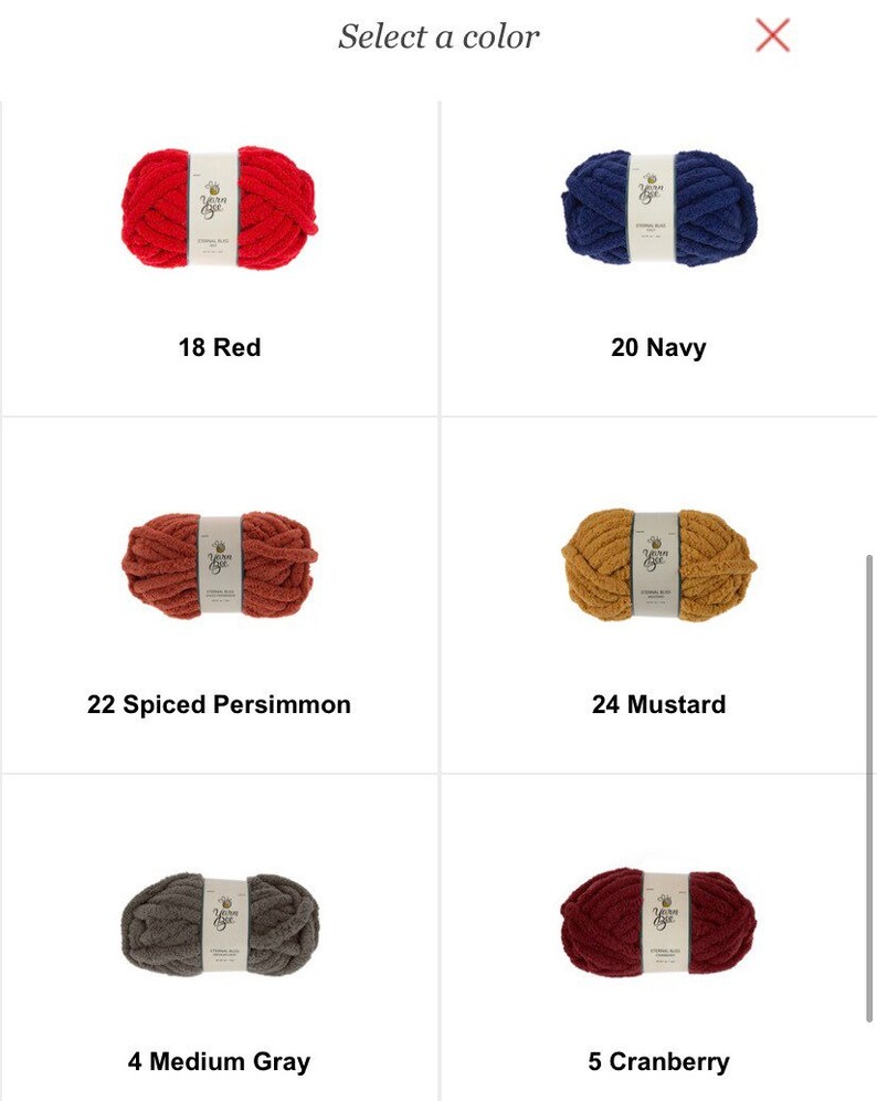 May include: A selection of colorful yarn skeins, each labeled with a color name and number. Colors include red, navy, spiced persimmon, mustard, medium gray, and cranberry. The text "Select a color" is at the top.