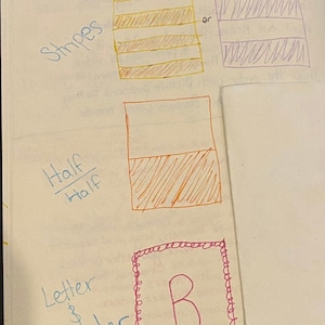 May include: A notebook page with handwritten design options. The options include striped patterns, a half-and-half design, and a letter with a border. The word "Design Options" is written at the top.