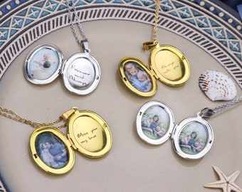 Vintage Locket Necklace with Engraving, Custom Engraved Locket Photo/Picture Necklace, Handwriting Mother's Day Gift for Mom/Grandma