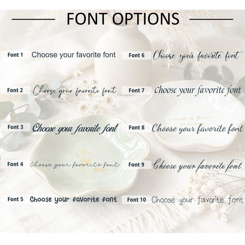 K&ouml;nnte beinhalten: Eine Anzeige von zehn Schriftarten, beschriftet von Font 1 bis Font 10, wobei jede den Text 'Choose your favorite font' in einer anderen Schriftart zeigt. Zwei gewellte, blumenf&ouml;rmige Keramikschalen, eine hellgr&uuml;n und eine wei&szlig;, sind zu sehen.