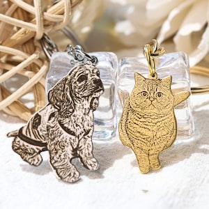 Puede incluir: Dos llaveros personalizados, uno con un perro y otro con un gato. El llavero de perro es plateado y el llavero de gato es dorado. Ambos llaveros están grabados con imágenes de los animales.