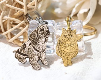 Personalized Pet Dog Memorial Keyring, Cat Picture Keychains, Engraved Pet Portrait Key Chain, Key Ring for Pet Loss, Pet Memorial Gift