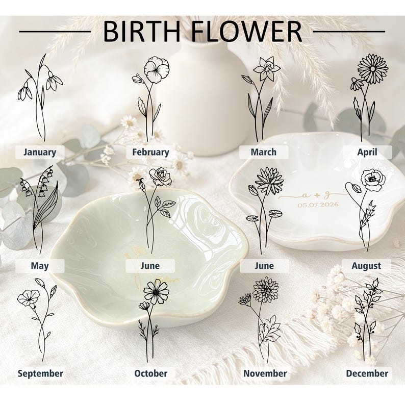 K&ouml;nnte beinhalten: Eine Sammlung von gewellten Keramikschalen mit schwarzen Strichzeichnungen von Geburtsblumen f&uuml;r jeden Monat des Jahres. Der Text BIRTH FLOWER steht oben, zusammen mit Monatsnamen und individuellen Daten wie 05.07.2026.