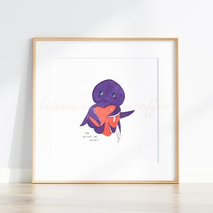 8x8" Printable watercolor art, Dark purple octopus heart watercolor art, cute love puns, ocean, printable watercolor art (300dpi JPG file)