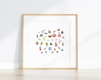 8x8" Printable watercolor art, Colorful tea time art, tea lover, minimalist home decor, instant download (300dpi JPG file)