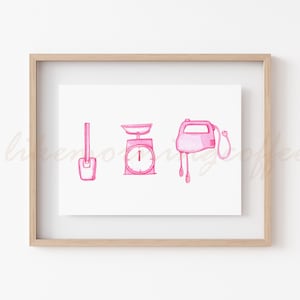 Arte de acuarela imprimible de 5x7", arte de acuarela de contorno rosa magenta 'The Baker', decoración retro del hogar o regalo, descarga instantánea (archivo JPG de 300 ppp)