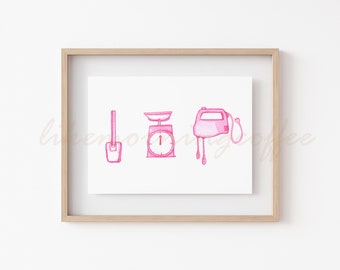 5x7" Printable watercolor art, Magenta pink 'The Baker' outline watercolor art, retro home decor or gift, instant download (300dpi JPG file)