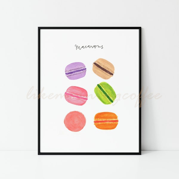 Aquarelle imprimable 8 x 10" Art coloré de macarons Français, décoration d'intérieur de pâtisserie de café d'été, desserts, téléchargement immédiat (fichier JPG 300 dpi)