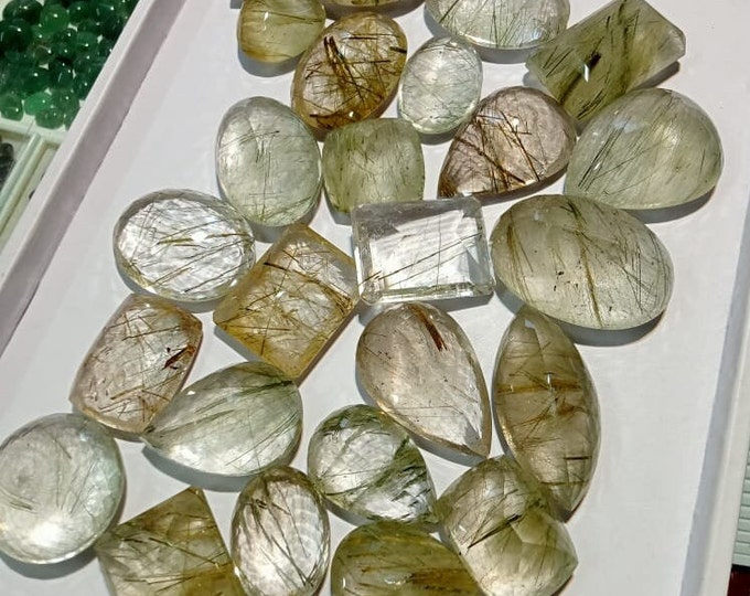 Green RUTILATED QUARTZ Mix Shape Large cabochon, Faceted cabochon, Loose Cabochon,Super Quality gems for Jewellery, 3762 carat, 25 pcs lot