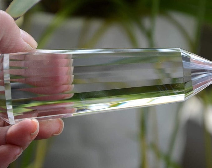Hand Cut Rare Clear Blue Rutiles 24 Sided Crystal Vogel Pranic Point Quartz Wand 5.39 Inch Spiritual Reiki Healing