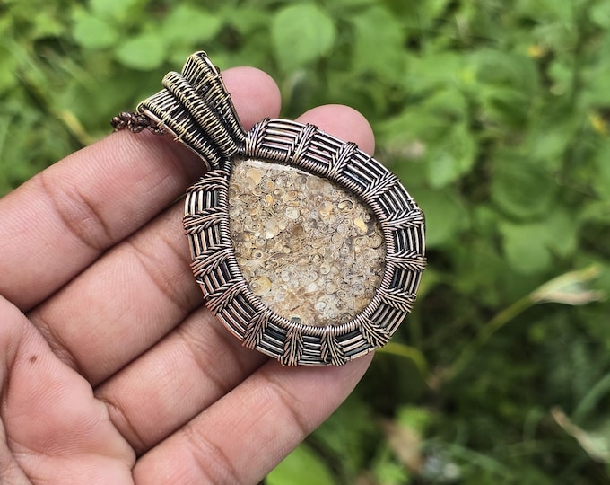 Dinosaur Bone Fossil, Copper Wire Wrapped Pendant Healing Pendant Handmade Copper Jewelry Gemstone Pendant 2.75"