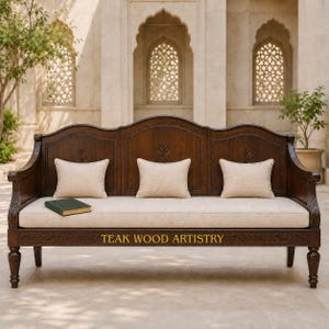 May include: A dark brown wooden sofa with a curved backrest featuring carved leaf motifs, a long cream-colored seat cushion, and three matching cream throw pillows. The text TEAK WOOD ARTISTRY is printed in gold on the front wooden frame.