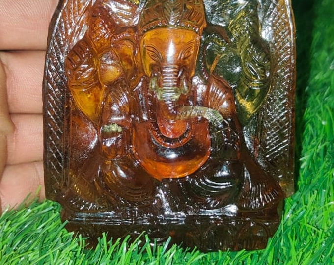 Natural Citrine Crystal Quartz  Status Carved Ganesha, 9 inch