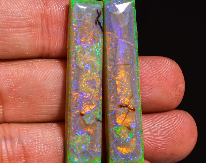 Superb Top Grade Quality 100% Natural Monarch Opal Rectangle Shape Cabochon Gemstone Pair For Making Earrings 39X8X4 MM 17.00 Cts. KR43-44