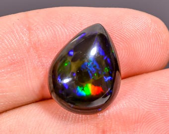 Natural Black Opal Cabochon: Iridescent Pear Gemstone (15x12x06mm)