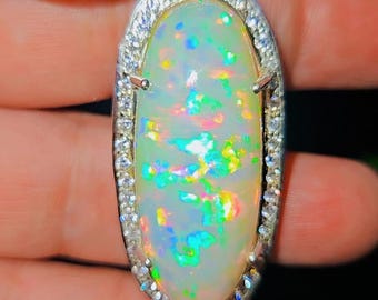 Ethiopian Opal Pendant: Raw AAA Grade Crystal, Silver & Moissanite