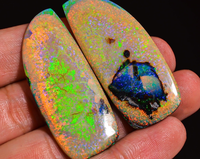 Monarch Opal Cabochon, Iridescent Natural Opal Stone for Crafting, Elegant Gift Idea for Jewelry Lovers, Fancy Pair 46X19X3 MM 34.00 Cts.
