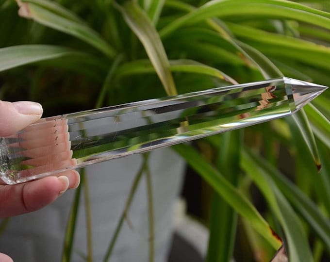 Tibetan Indian Himalayan High Altitude Clear 18 Sided Phantom Crystal Rutilated Point Quartz Vogel Wand 6.45 Inch Spiritual Reiki Healing