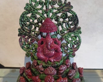 Ruby Zoisite Ganesha Statue: Hand Carved Gemstone Idol, 8 inch