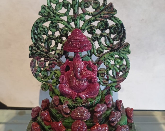 Ruby Zoisite Ganesha Statue Sculpture Gemstone Precious Art Deco Crystal Home Decor Figurine Idol Gift Carving Exclusive, 8 inch