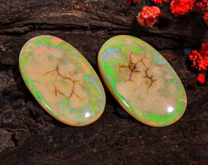 Monarch Opal Cabochon, Iridescent Natural Opal Stone for Crafting, Elegant Gift Idea for Jewelry Lovers, Oval Pair 39X23X4 MM 46.00 Cts