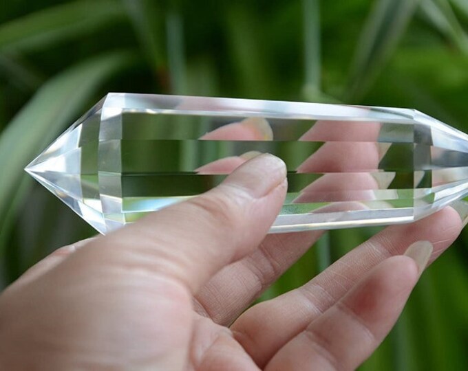 Hand Cut Real Tibet Indian Himalayan High Altitude 99% Clear 13 Sided Crystal Point Quartz Vogel Wand, Spiritual Reiki Healing 6.29 inch
