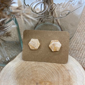 Gold marbled hexagon stud earrings - marble - resin - hypoallergenic - gift