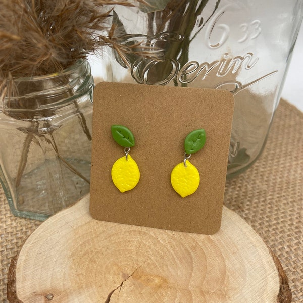 Two way lemon and leaf drop stud earrings -  two way - double - surgical steel - hypoallergenic