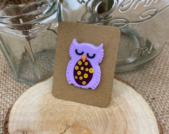 Lilac owl polymer clay pin badge