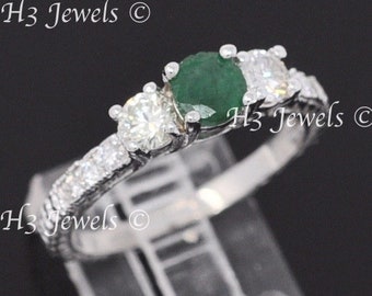 14k White Gold Natural Diamond & Colombian Emerald Ring 1.20 ct