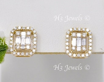 14k Solid Yellow gold Stud Diamond Earring 1.10 ct baguette