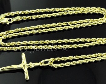 Real 14k Yellow Gold Cross &  Hollow Rope Necklace 16- 24 inches Brand new 2.0mm 4.60gr-5.70grams